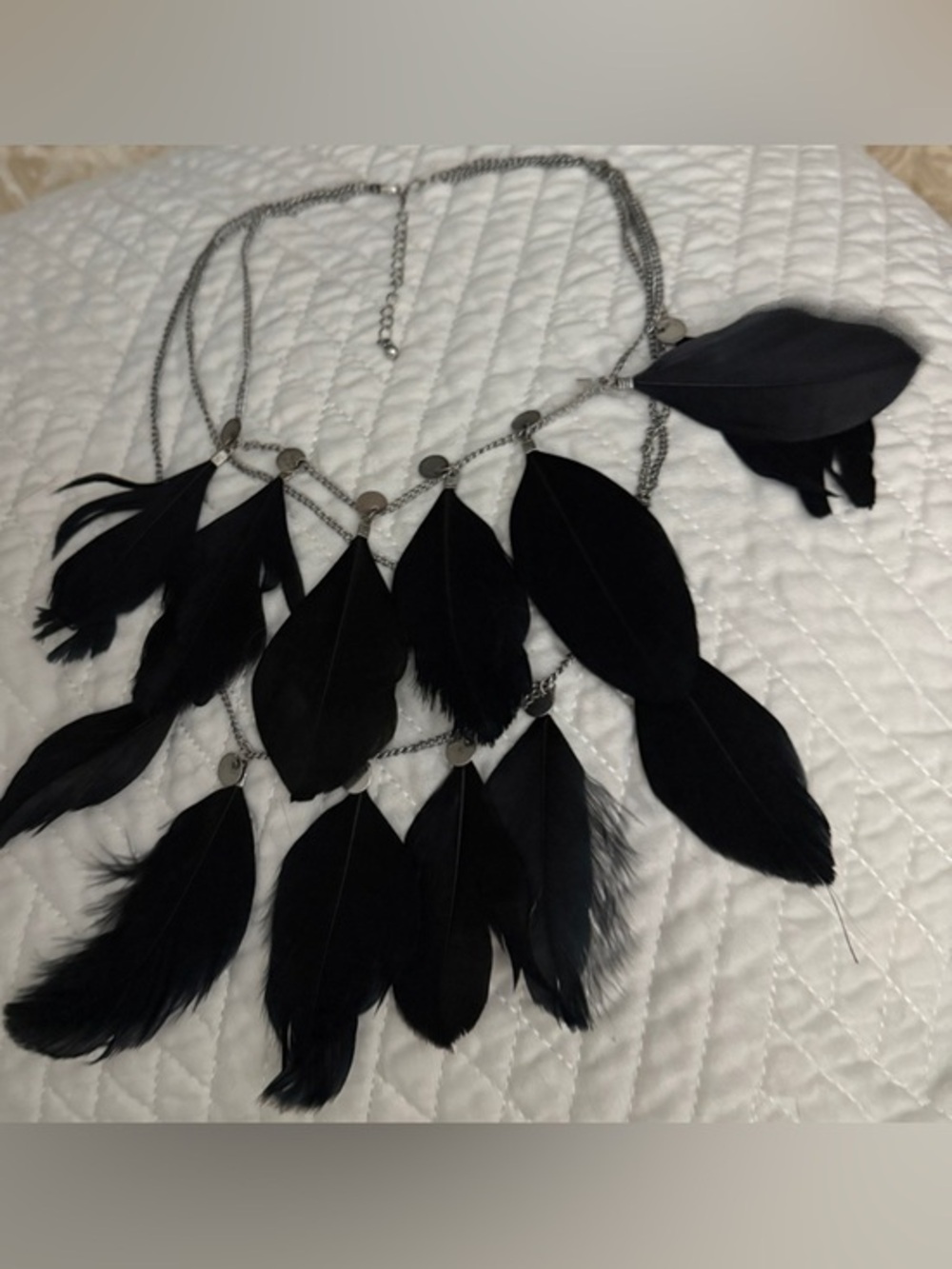 Black Feather Silver Disk Statement Necklace